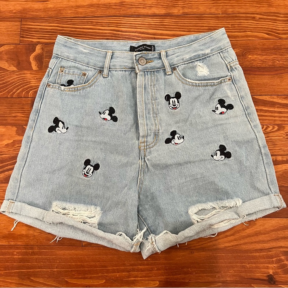 Mickey Mouse Embroidered Denim Shorts - High Waisted